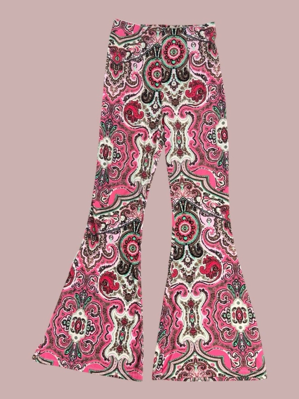 NWOT Free People high rise pink paisley flare pants with elastic band size M